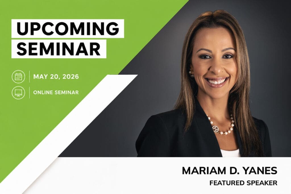 MKRS LAW seminar banner featuring Mariam D. Yanes, Esq. for a Florida Bar PTD claims webinar.